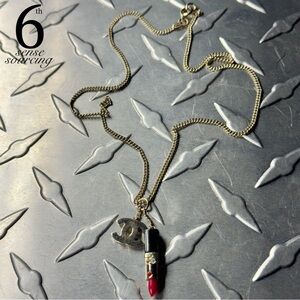 Chanel 2004 CC Lipstick & Coco Charm Rhinestone Necklace in Gold